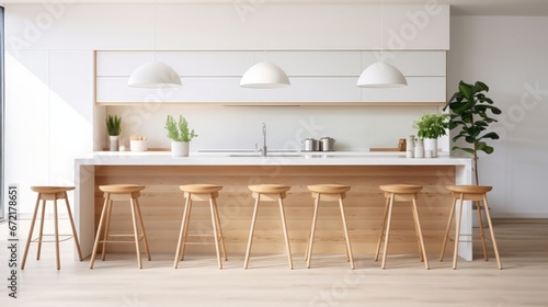 Modern white kitchen interior with wooden table and chairs. Nobody in the room. Generative Ai. 