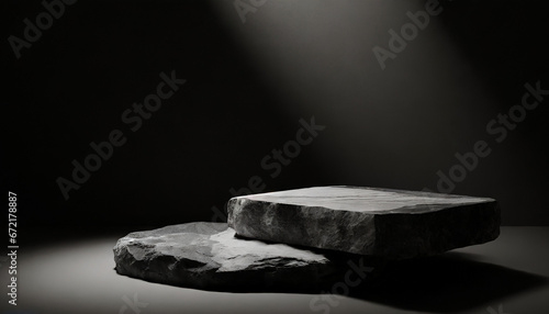 black and white stone podium for product in a dark room with a light beam © Alla