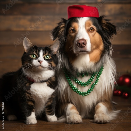 friendship, cat and dog at Christmas night.