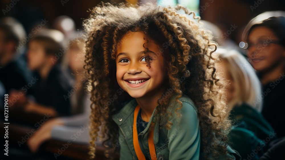 © zorandim75 - Portrait of a smiling little girl with curly hair in a cafe. Generative Ai. © zorandim75 - Portrait of a smiling little girl with curly hair in a cafe. Generative Ai.