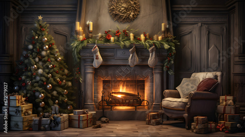 a photo of christmas night in front of a fireplace and presents, in the style of hyperrealistic rendering, dark gray and bronze, photo-realistic landscapes, rusticcore, cabincore