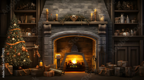 decorating christmas in fireplace, in the style of perspective rendering, dark gray and light bronze, trompe l’oeil, nostalgic