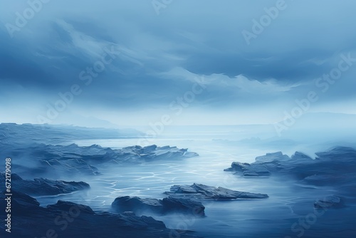 Beautiful lake or sea in misty morning. Clouds are reflected in the calm water surface. Norwegian landscape with rocky coast and ocean among low clouds. Nature, ecology, eco tourism