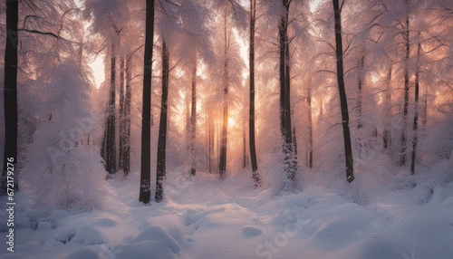 Winter Snow Forest at Sunset