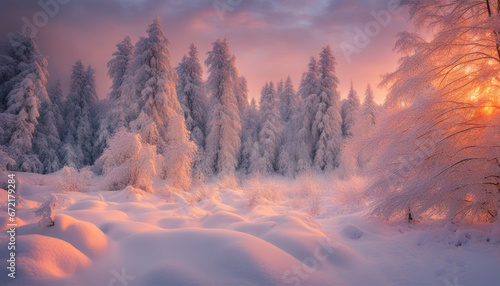 Winter Snow Forest at Sunset
