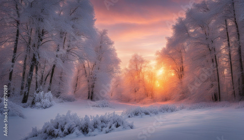 Winter Snow Forest at Sunset © Abood