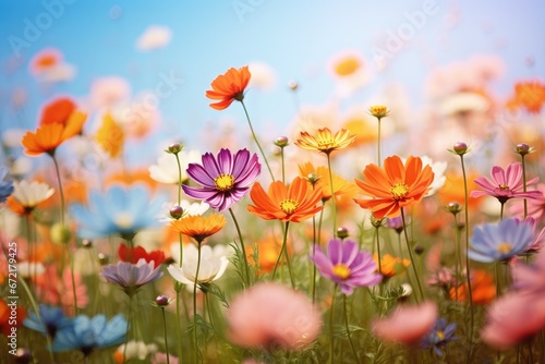 Beautiful colorful meadow of wild flowers. Cosmos flowers blooming at flower garden. Sunny summer or autumn nature banner