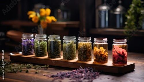 Photo of a Rustic Wooden Table Adorned With a Variety of Herb-Filled Jars photo