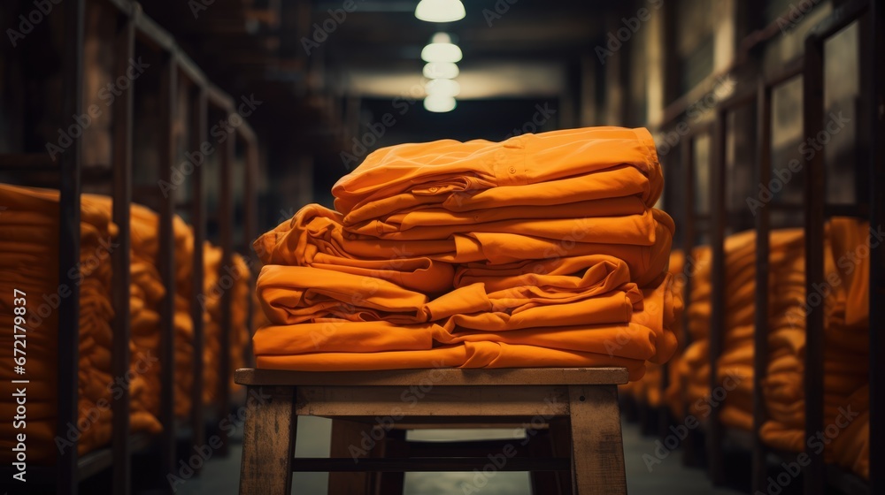 Stack of orange robes for prisoners. Blurry prison cell in the background - obrazy, fototapety, plakaty 