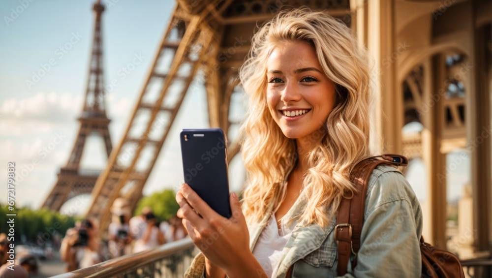 Fototapeta premium Junge Frau auf Europareise macht ein selfie, generated image