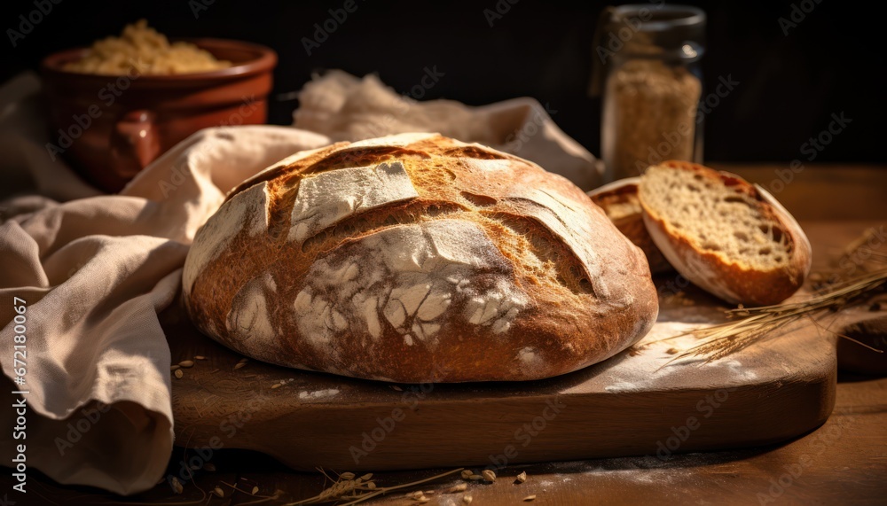 Photo of a Delicious Loaf of Bread on a Rustic Wooden Cutting Board