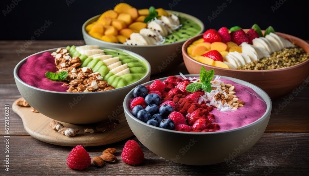 Photo of Three Colorful Bowls With Fresh, Healthy Fruit and Creamy Yogurt Photo of Three Colorful Bowls With Fresh, Healthy Fruit and Creamy Yogurt