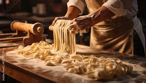 Photo of a Chef Skillfully Preparing Delicious Pasta on a Rustic Wooden Surface