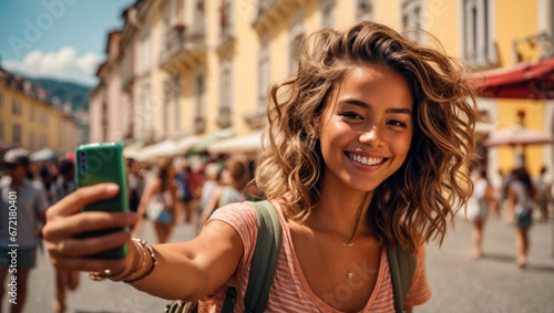 Junge Frau auf Europareise macht ein selfie, generated image