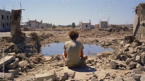 A young man sits on the ruins of an old abandoned building. Generative Ai. 