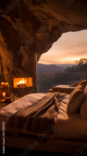 bedroom for two in a cave with fireplace and sunset views of the valley and rivers
