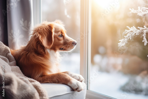dog in cozy room look out of window in winter