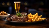 Grilled steak with french fries and beer on wooden table in pub. Generative Ai. 