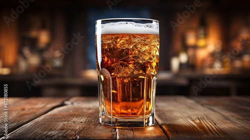 Glass of beer with ice on wooden table in pub, closeup. Generative Ai. 