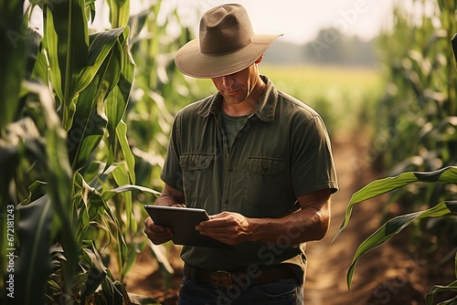 Portrait of confident farmer using tablet computer while standing in corn field. Generative Ai.  photo