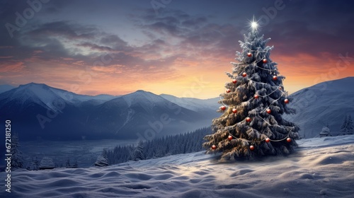 Beautiful winter landscape with a christmas tree with mountains background © brillianata
