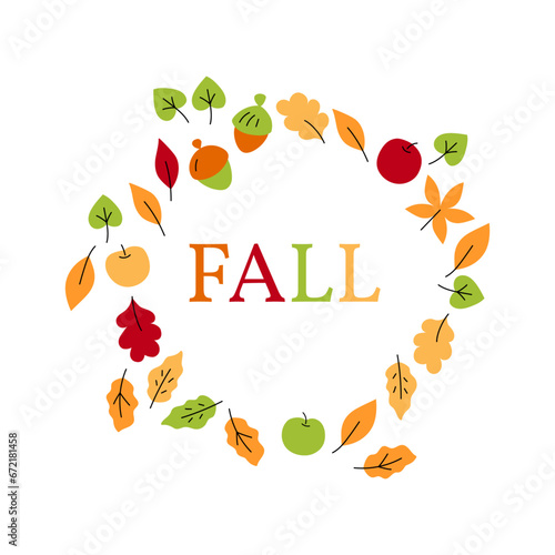 Fall in a circular frame of leaves, apples and acorns. Illustration isolated on a white background. Vector