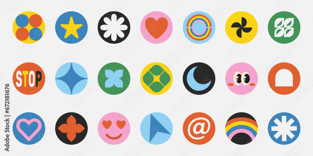 Pack of retro Y2K round colorful stickers with shapes and symbols, cool old style flat labels, buttons, application icons. Vector illustration. Pack of retro Y2K round colorful stickers with shapes and symbols, cool old style flat labels, buttons, application icons. Vector illustration.