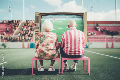 Two older couples watching a game from old style tv screen in the middle of football field stadium. Fun creative summer idea with elderly people as the biggest sport fans.