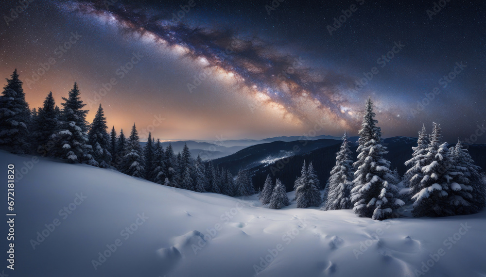 Snowy Mountain Ridge Forest with Milky Way on Christmas Winter Night