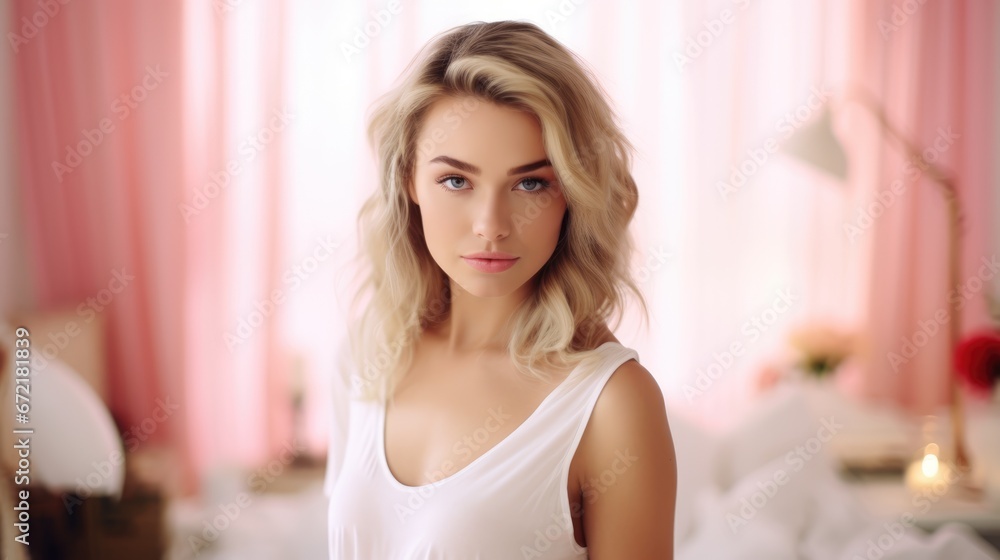 Beautiful woman portrait, blurred pink room as background Beautiful woman portrait, blurred pink room as background