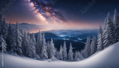 Snowy Mountain Ridge Forest with Milky Way on Christmas Winter Night © Abood