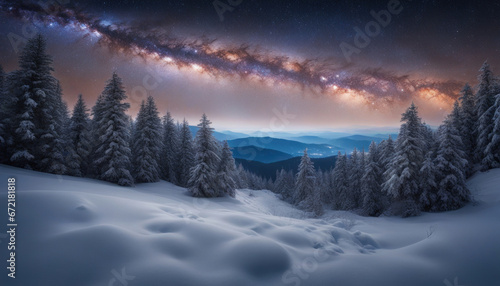 Snowy Mountain Ridge Forest with Milky Way on Christmas Winter Night © Abood