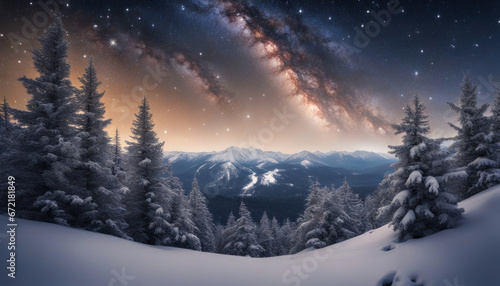 Snowy Mountain Ridge Forest with Milky Way on Christmas Winter Night