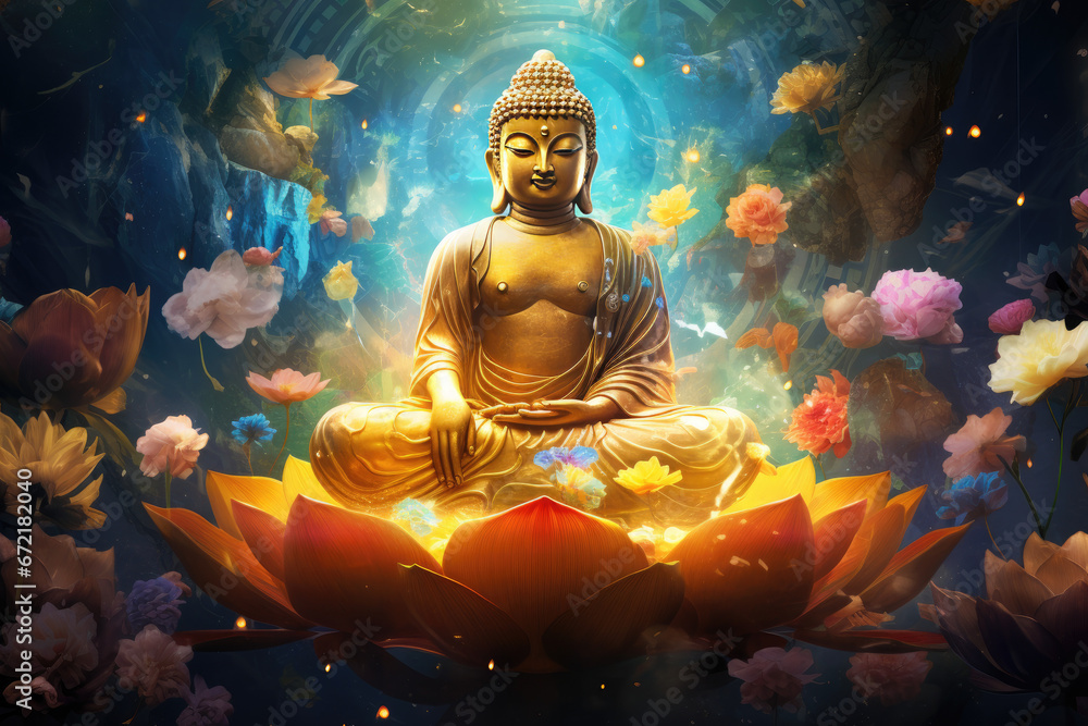 Glowing golden buddha decorated with lotuses and colorful flowers
