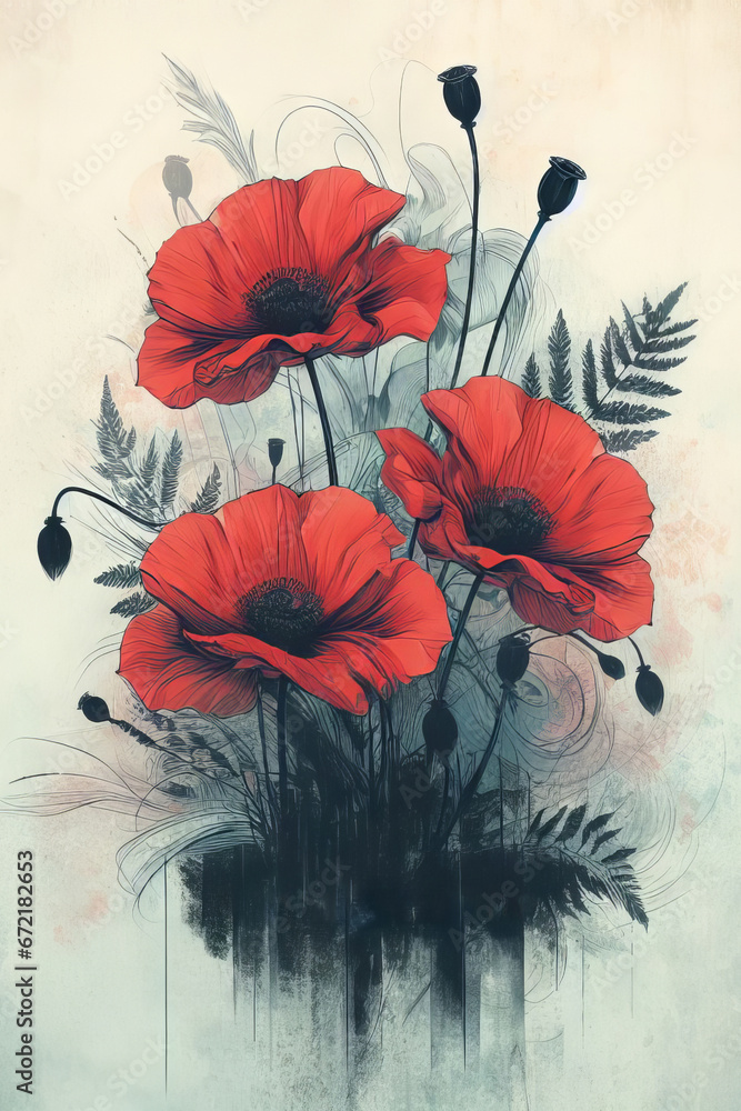 Red poppy flowers on pastel background. Remembrance Day, Armistice Day, Anzac day symbol