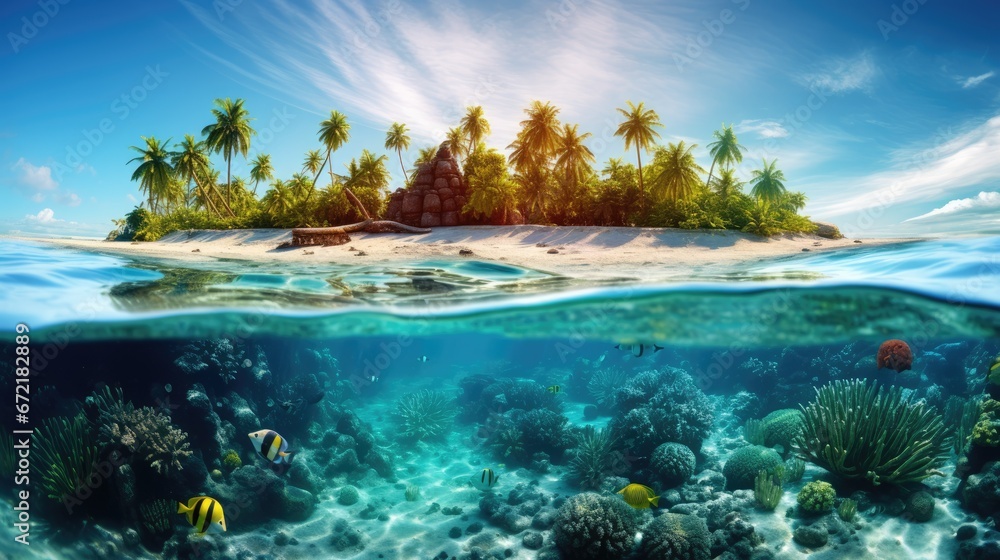 Tropical island in ocean with coral reefs and fish. Palm trees beach vacation