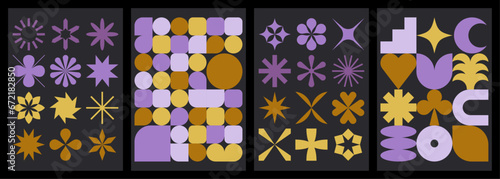 Set of neo geometric patterns with brutalist shapes. Modern, minimalist figures and symbols. Abstract flat vector illustrations for background, poster, cover, branding or web.