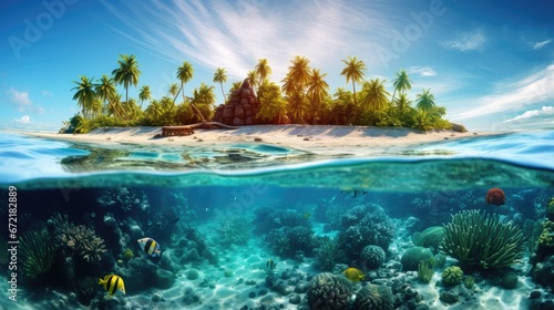 Tropical island in ocean with coral reefs and fish. Palm trees beach vacation
