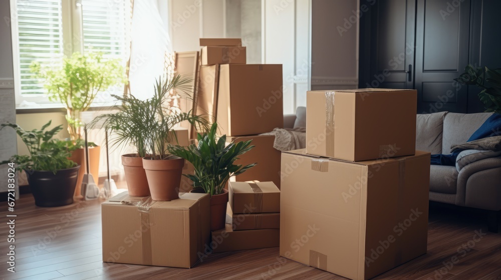 Cardboard boxes with things are stacked. The concept of moving to a new home. Cardboard boxes with things are stacked. The concept of moving to a new home.