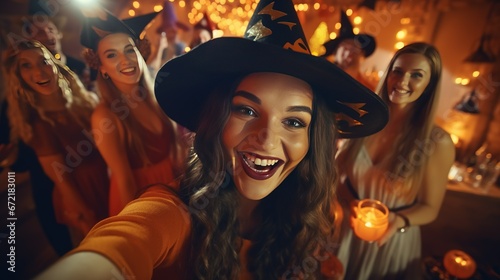 Photo of friends with Halloween costumes taking selfie on a party, celebrating with friends at a hallowen party. vibrant and lively environment reflects the party atmosphere