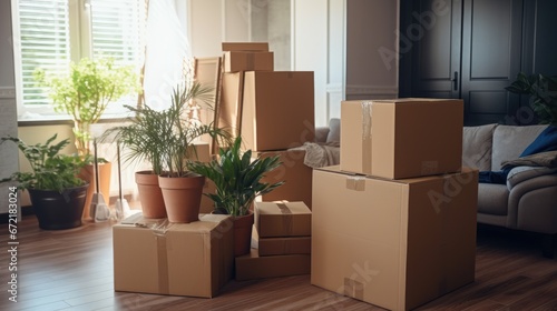 Fototapeta Naklejka Na Ścianę i Meble -  Cardboard boxes with things are stacked. The concept of moving to a new home.