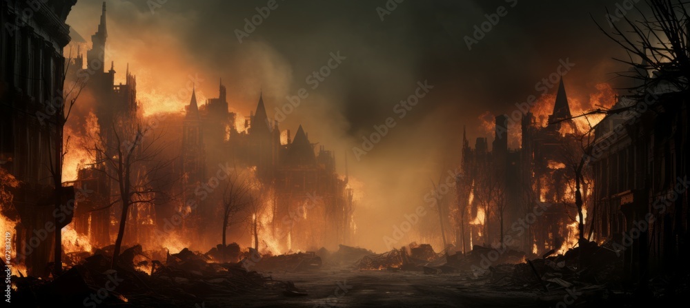 Burning city building at war. Generative AI technology. Burning city building at war. Generative AI technology.