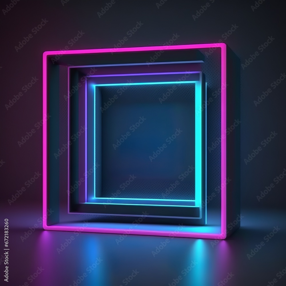 3d render, abstract blue pink background with glowing neon square frame. Laser geometric linear shape inside the dark tunnel fluorestic Generative AI 