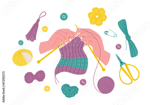 Knitting hobby. Needlework in hands surrounded by knitting hobby accessories. Flat style illustration of hand crafting