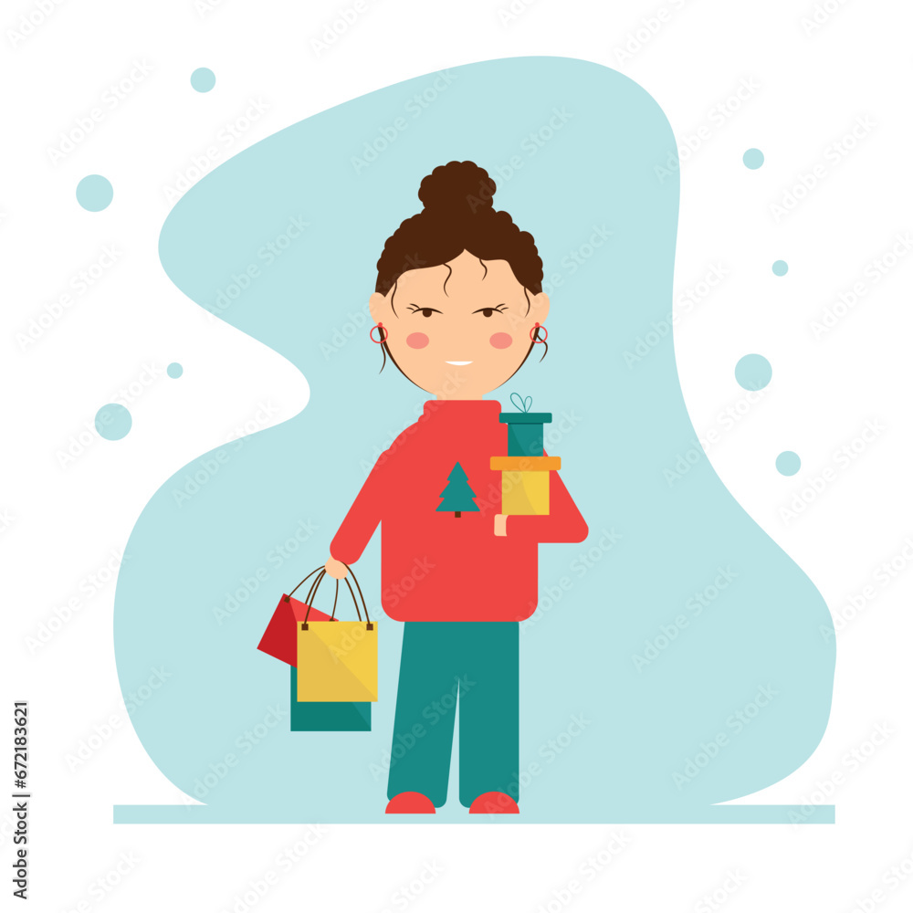 Flat character. girl in a red sweater with shopping and gifts in her hands Flat character. girl in a red sweater with shopping and gifts in her hands