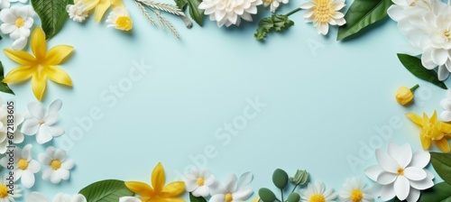 Spring flower pattern frame background. Copy space for text and advert. Generative AI technology. 