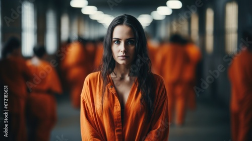 Woman prisoner in an orange robe. Blurry prison cell in the background photo