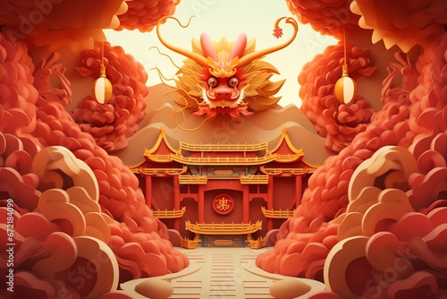 Chinese new year background with temple and lantern