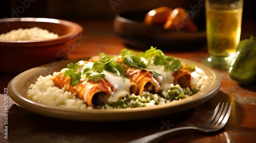 A plate featuring chicken enchiladas smothered in green salsa  garnished with crumbled queso fresco and chopped cilantro  accompanied by a side of refried beans and Mexican rice