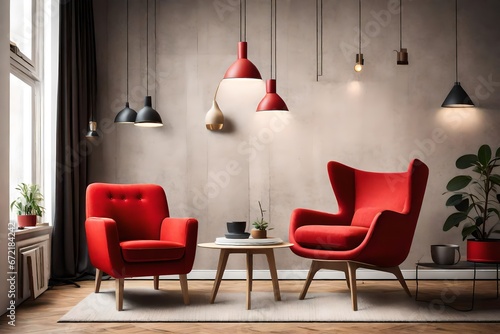 Modern living room with red armchair and lamp. scandinavian interior design furniture photo